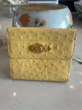 Versace Yellow Ostrich-Texture Mini Wallet Sunburst Gold Medallion